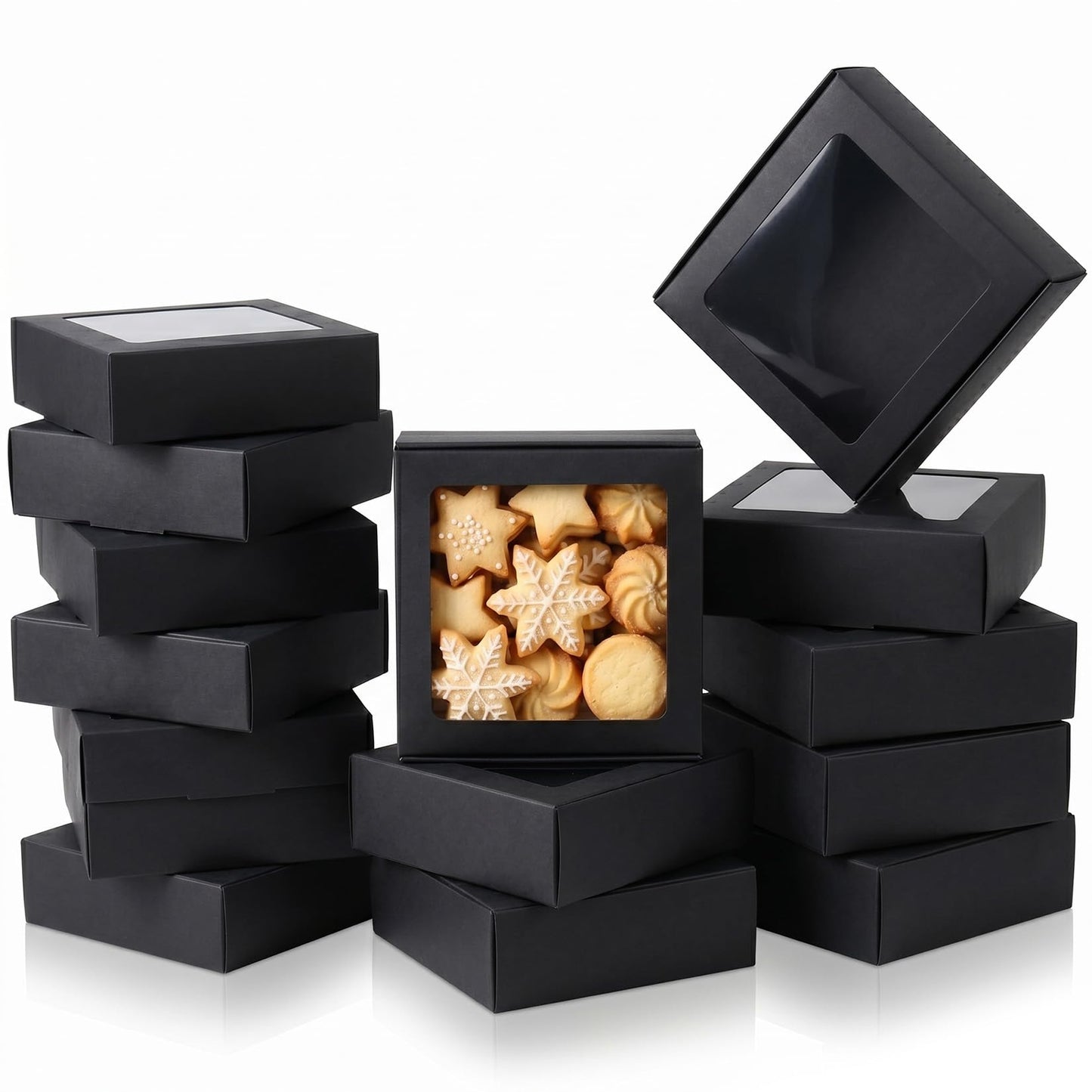 Sbarklo 30 Pcs Kraft Paper Boxes with Window - 4.13 x 4.13 x 1.18 Inch Small Gift Boxes, Treat Boxes for Candy, Soap, Mini Treat Packaging, Bakery, Chocolate, Jewelry Display & Party Favors (Black)
