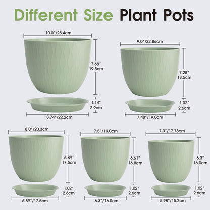 GARDIFE Plant Pots 10/9/8/7.5/7 Inch Plant Pots, Set of 5 Plastic Planters with Drainage Holes and Saucers,Plastic Flower Pots,Nursery Planting Pot for Indoor Out Door Plants (Green)