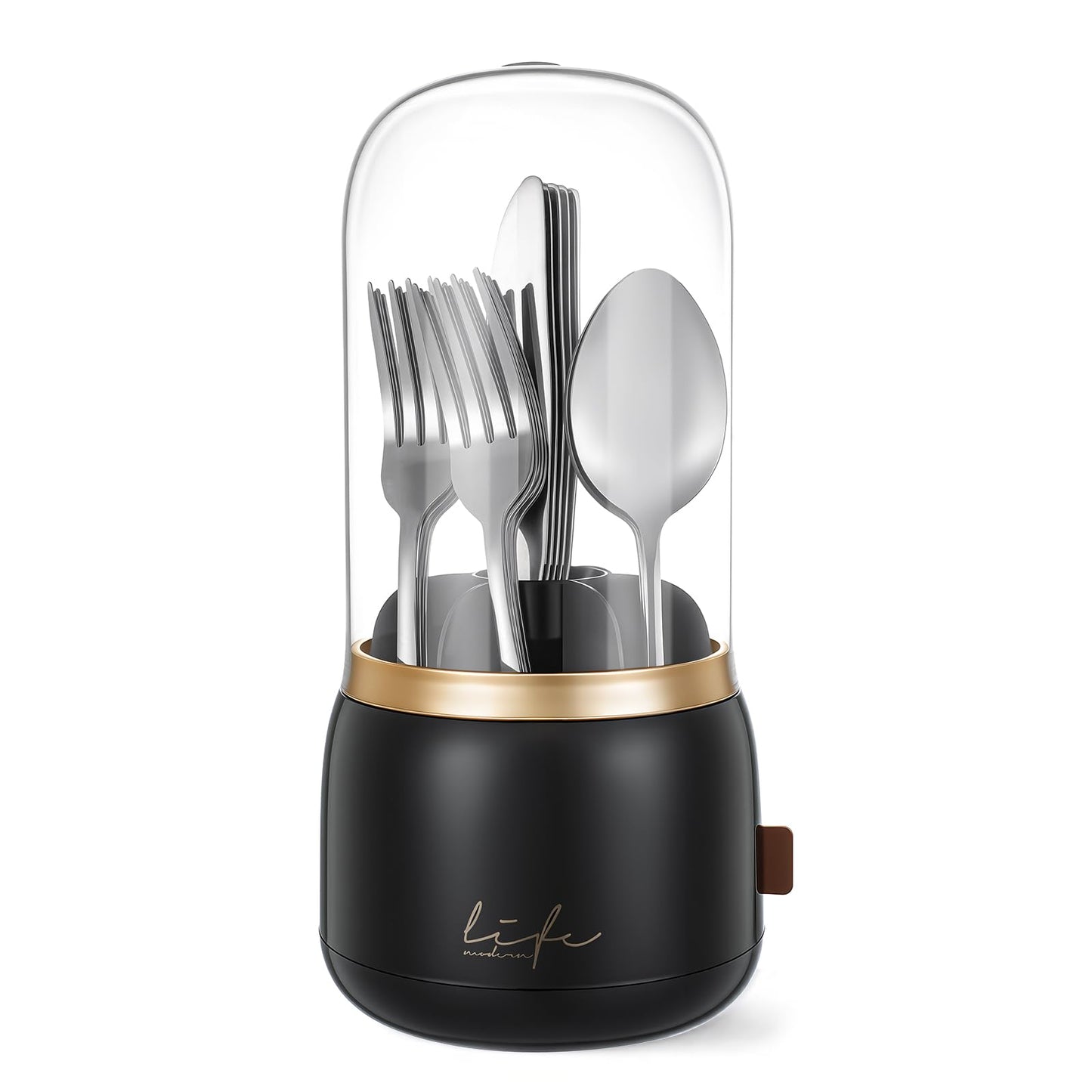 EXIN DECHEN 360° Rotation Silverware Organizer for Kitchen Counter,Utensil Holder Caddy Silverware Caddy Holder for Party,Spoon and Fork Organizer,7 Slots and Intermediate Drainage Device with Cover