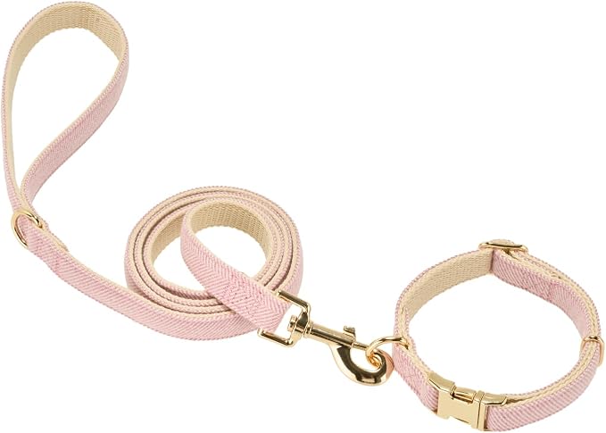 Luxury Soft Cotton Tweed Fabric Dog Collar & Leash Set with Gold Buckle – Durable Fabric, Stylish Design for Everyday Walks(Small Pink)