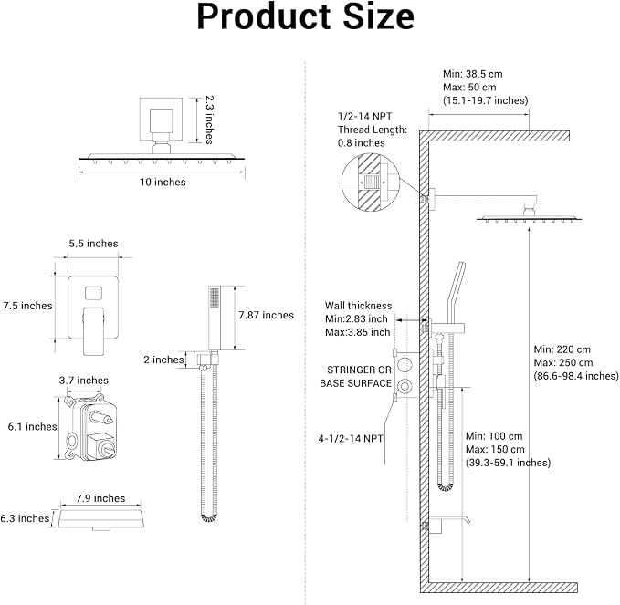 10" Rain Shower Faucet Set with Tub Spout, Matte Black | Anti-scald cartridge, air tech boosts pressure 50%, 3-func diverter, NPT 1/2