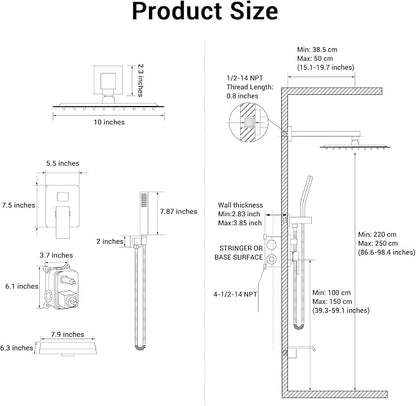10" Rain Shower Faucet Set with Tub Spout, Matte Black | Anti-scald cartridge, air tech boosts pressure 50%, 3-func diverter, NPT 1/2