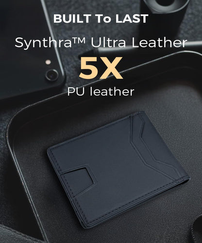 7worldlet Slim RFID Blocking Wallets for Men Synthra™ Ultra Leather Bifold Minimalist Wallet 11 Cord Holder Thin Mens Wallet with Gift Box (Black+Black)