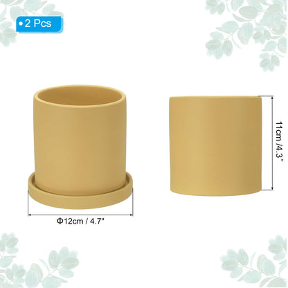 PATIKIL 4.3 Inch Ceramic Plant Pots, 2 Pack Modern Flower Planters with Drainage Holes and Tray for Decorate Home Indoor Plants Succulent Herb, Yellow