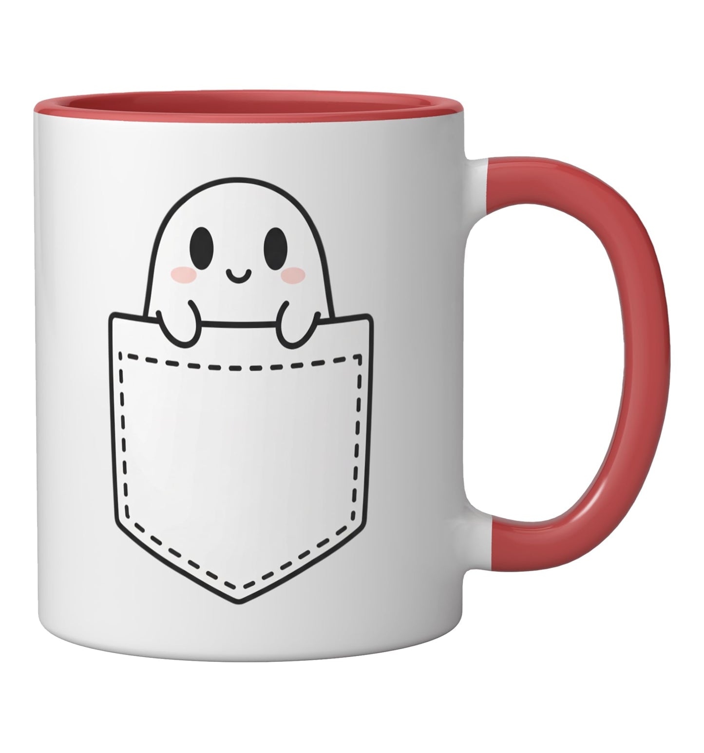 Halloween Pocket Ghost Peekaboo - Cute Halloween Pocket Ceramic Mug, Red/White
