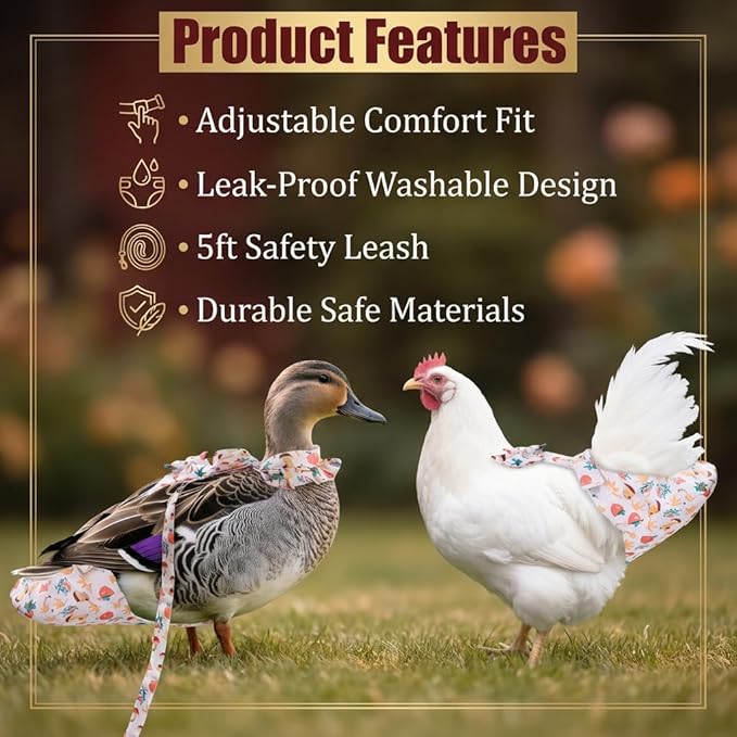 Duck & Chicken Harness with Diapers – Washable Adjustable Elastic Nappy for Poultry (Goose, Hen, Duck) with 5-FT Leash, Comfortable & Leak-Proof (M)