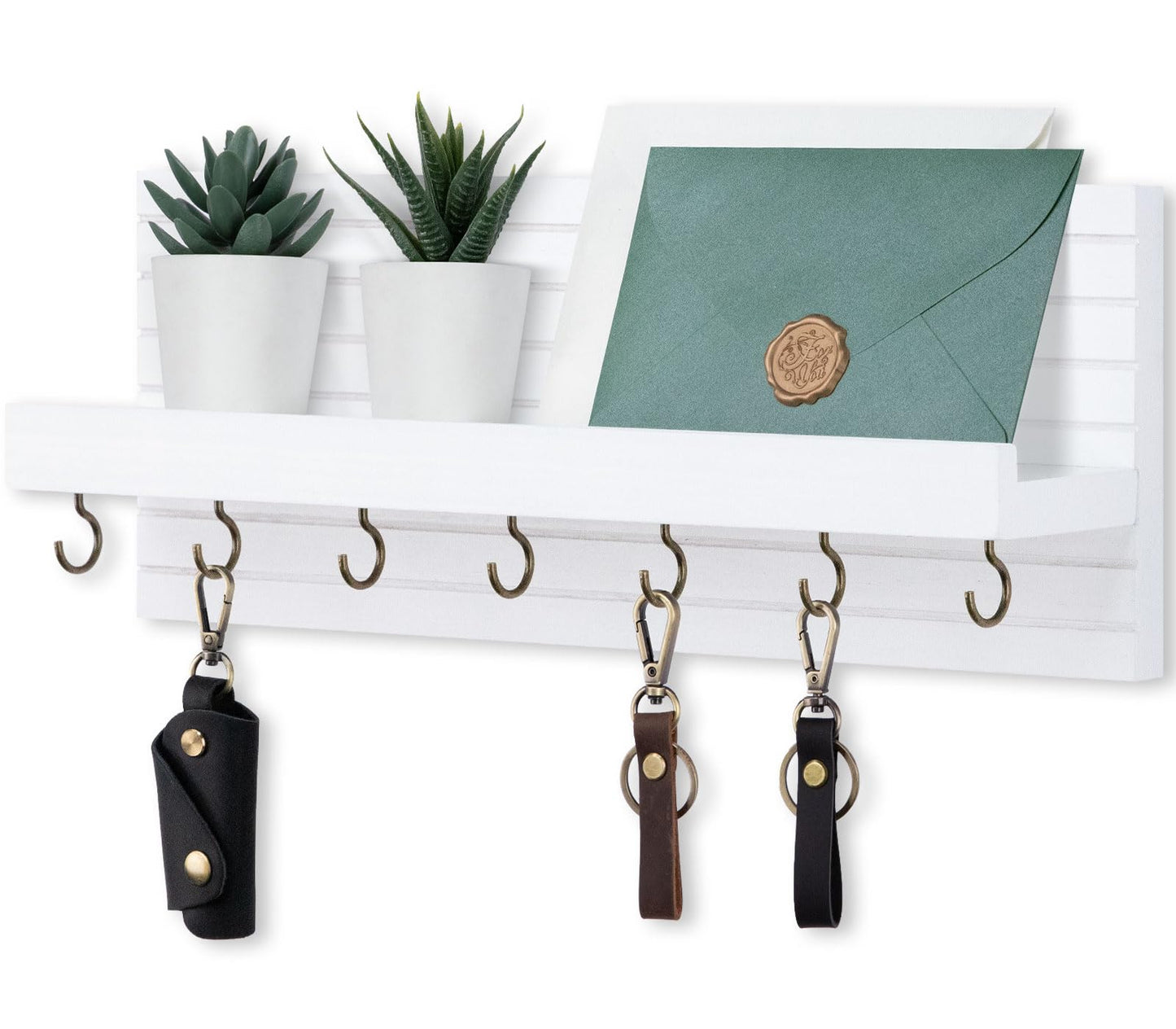 Lwenki Decorative Key Holder for Wall with Shelf, Entryway Shelf with Hooks Holds Leashes, Jackets and Glasses – Sturdy Wood Keyholder Entrance Hanger with Mounting Hardware (White, Large)