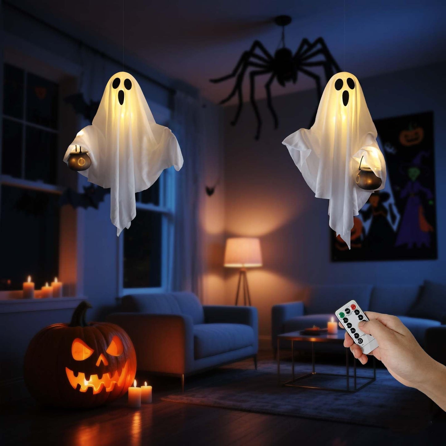 [Timer] 2 Pack Halloween Light Up Ghost Decorations, Battery Operated Flying Hanging Ghosts Glowing Led Lights Remote Control 8 Lighting Modes Floating Swinging Yard Garden Porch Outdoor Indoor Decor