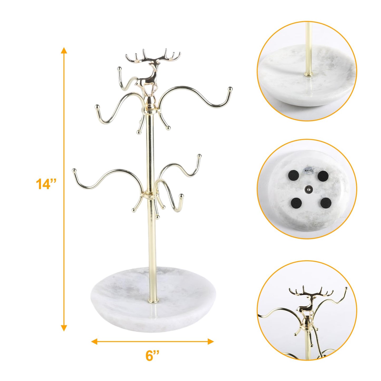 BCS Mug Holder with Marble Base - 6 Hooks Mug Rack Coffee Cup Storage Tree Jewelry Display Stand Holder for Countertop