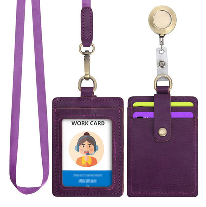 Wonderpool ID Badge Holder Genuine Leather Card Slots Case with Detachable Neck Lanyard and Retractable Badge Reel for Office School Hospital Exhibition ID & Driver Licence (Purple)