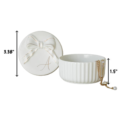 COLLECTIVE HOME Monogram Ceramic Jewelry Box with Bow - Small Jewelry Dish, Elegant Birthday, Graduation, Christmas & Women's Day Gifts (K)