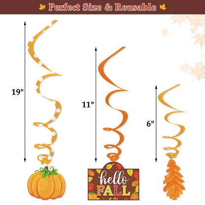 36CT Autumn Hello Fall Party Hanging DecorationsFoil Swirls Pumpkins Maple Leaves Acorns Harvest Thanksgiving Photo Props Ideas Ceiling Door Whirls Streamers Supplies