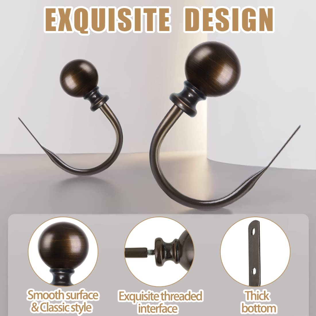 KAMANINA Curtain Holdbacks, Decorative Curtain Tiebacks Wall Mounted with Round Finials, Metal Window Treatment Holdbacks with Screws, Bronze Curtain Hooks for Drapes (1 Pair/2 Pack, Small)