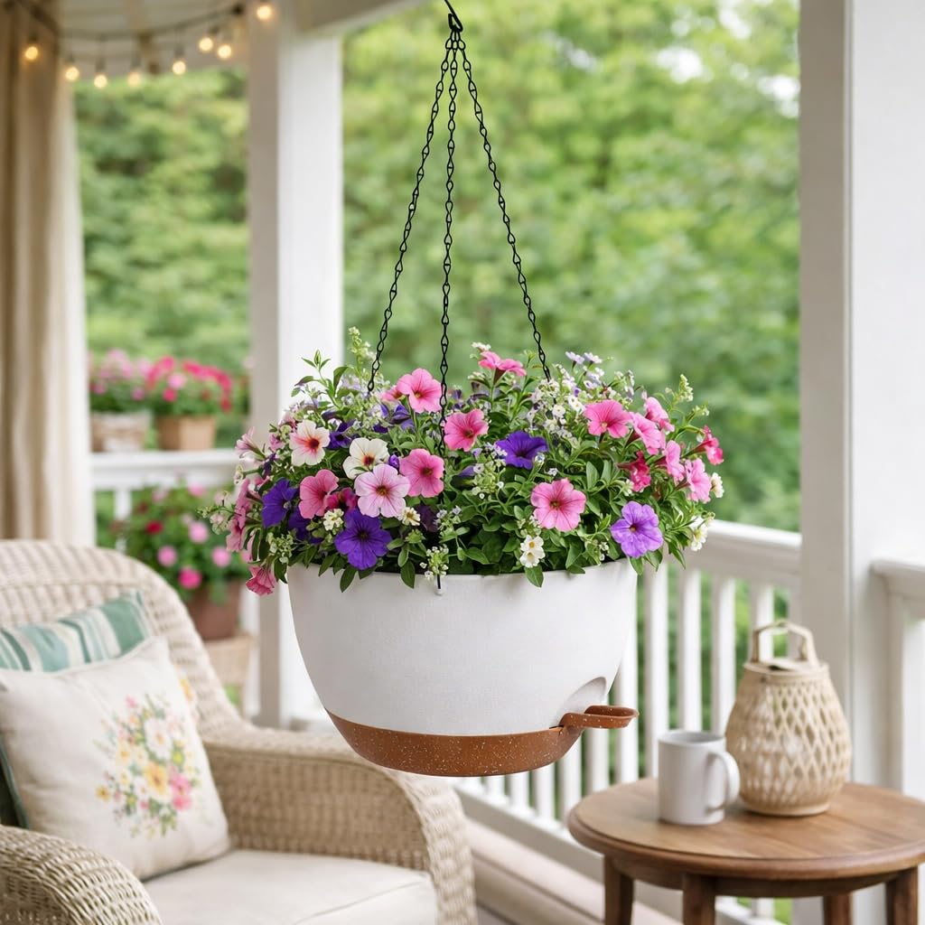 TYMENSH Hanging Plant Pots 12 inch Set of 2, Self Watering Hanging Planters with Drainage Holes, Indoor Outdoor Plastic Flower Pots with Hanging Chains for Balcony, Porch, Garden, Home Décor, White