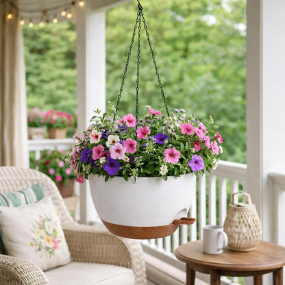 TYMENSH Hanging Plant Pots 12 inch Set of 2, Self Watering Hanging Planters with Drainage Holes, Indoor Outdoor Plastic Flower Pots with Hanging Chains for Balcony, Porch, Garden, Home Décor, White