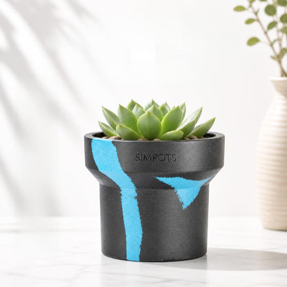 ONE ART Modern Planter Pot, Stone & Recycled Ocean Plastic, Frost Proof Indoor Outdoor Plant Pot for Succulents Flowers Herbs, Unique Hand-Finished Pattern, Lightweight Minimalist Decor (Medium)