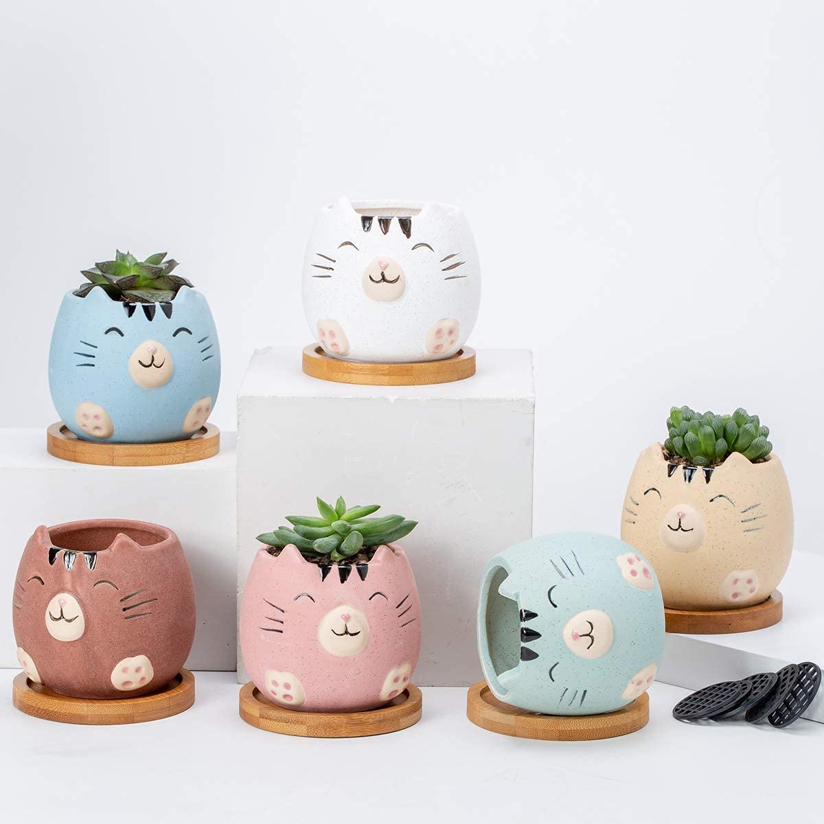 6Pack 3.4inch Small Ceramic Animal Planter Pots for Baby Succulent with Drainage and Bamboo Tray (Matte Cats)