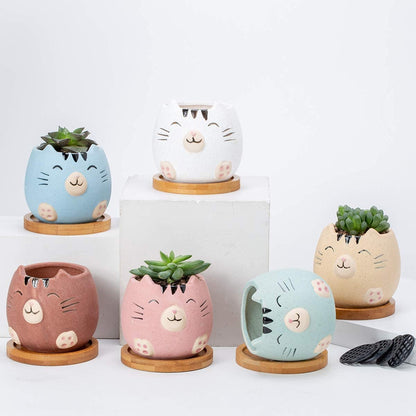 6Pack 3.4inch Small Ceramic Animal Planter Pots for Baby Succulent with Drainage and Bamboo Tray (Matte Cats)