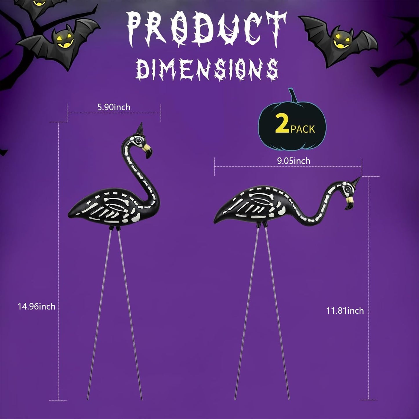 TitTees Halloween Decorations 2 Pack Black Flamingo Skeleton, Zombie Flamingos for Spooky Graveyard Decor, Skull Flamingo with Stakes for Halloween Lawn Ornaments
