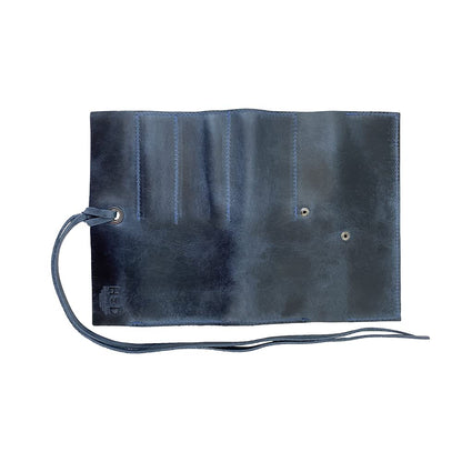 Hide & Drink, Rustic Pencil Roll Pouch, Multi-Purpose Storage Wrap for Scissors, Earphones, Organizer for Craft, Full Grain Leather, Handmade, Slate Blue