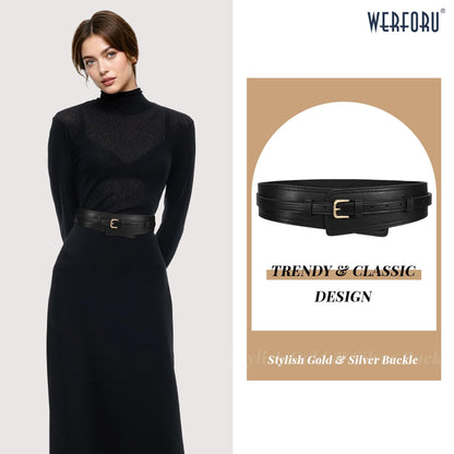 WERFORU Women Wide Waist Belts for Dress Women Fashion Wide Leather Belt 2-in-1 Waistband with Thin Belts for Dress, A-Black-gold buckle, Fit Waist Size 39"-44"