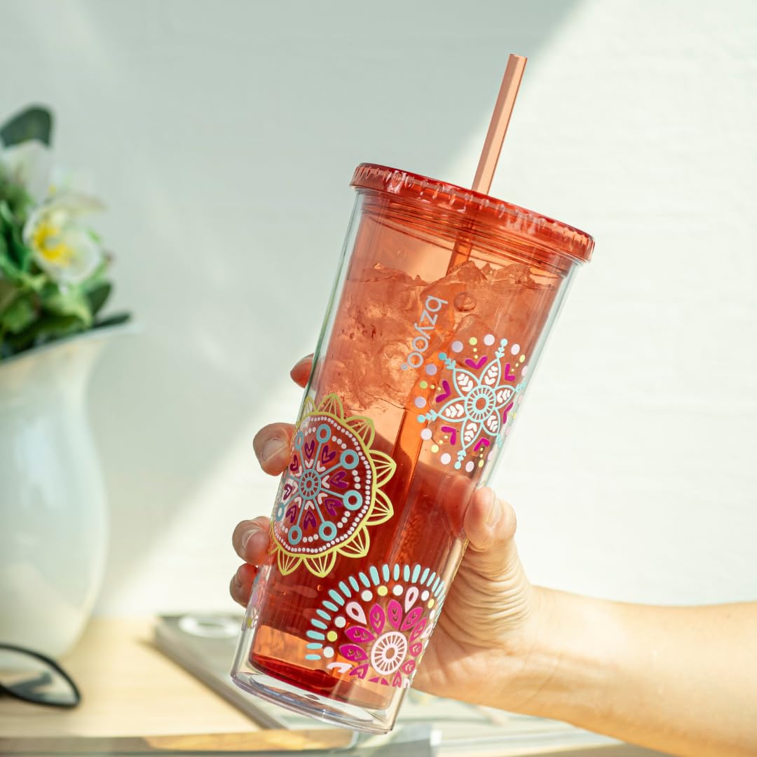 bzyoo SIP 24oz (710ml) Double Wall Plastic Tumbler with Lid and Straw Cold Drink Travel Mug Reusable Party Cup Perfect for Ice Coffee, Tea Office Poolside Parties Gifts Color: Medallion Orange