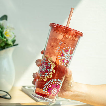 bzyoo SIP 24oz (710ml) Double Wall Plastic Tumbler with Lid and Straw Cold Drink Travel Mug Reusable Party Cup Perfect for Ice Coffee, Tea Office Poolside Parties Gifts Color: Medallion Orange