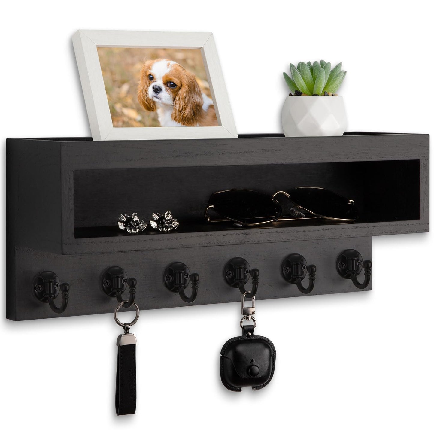 Lucundm Key and Mail Holder Wall Mount, Key Hanger with Long Storage Box and 6 Hooks for Coat, Dog Leash, Home Decor Rack, House Accessories, Entry Way Organizer (Black)