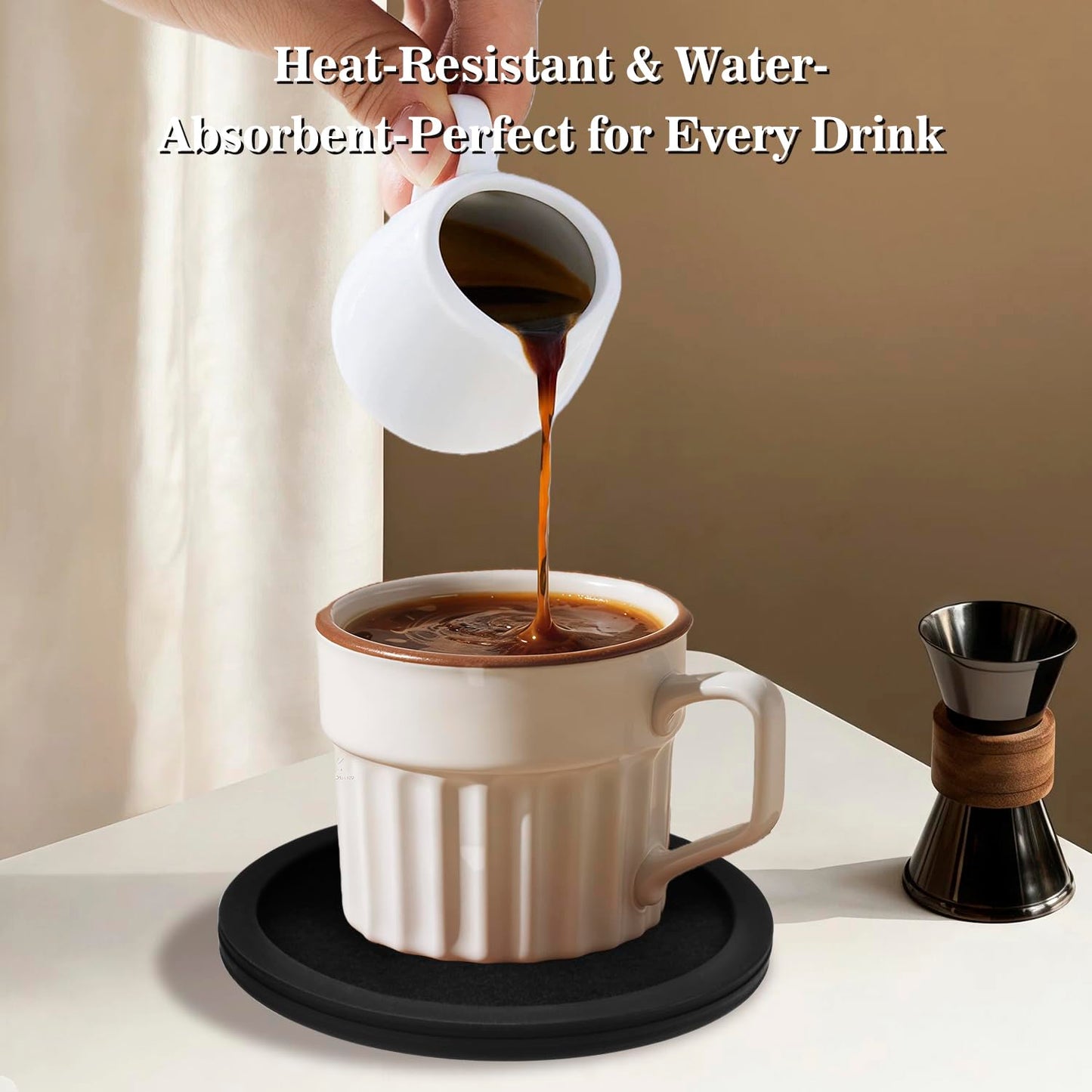 Sleek Absorbent Coasters with Holder – Silicone Cup Mat with Removable Felt Insert Non-Slip, Non-Stick, for Coffee Tables, Kitchen Décor – Set of 6 Coasters (Black)