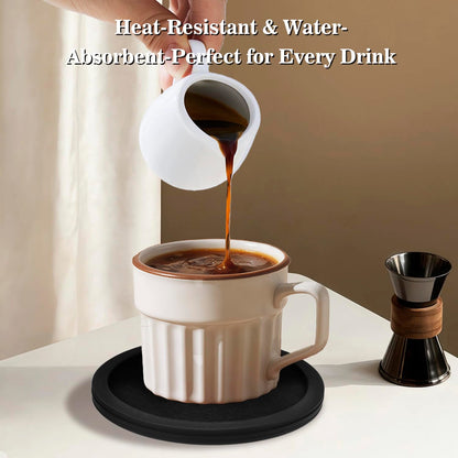 Sleek Absorbent Coasters with Holder – Silicone Cup Mat with Removable Felt Insert Non-Slip, Non-Stick, for Coffee Tables, Kitchen Décor – Set of 6 Coasters (Black)