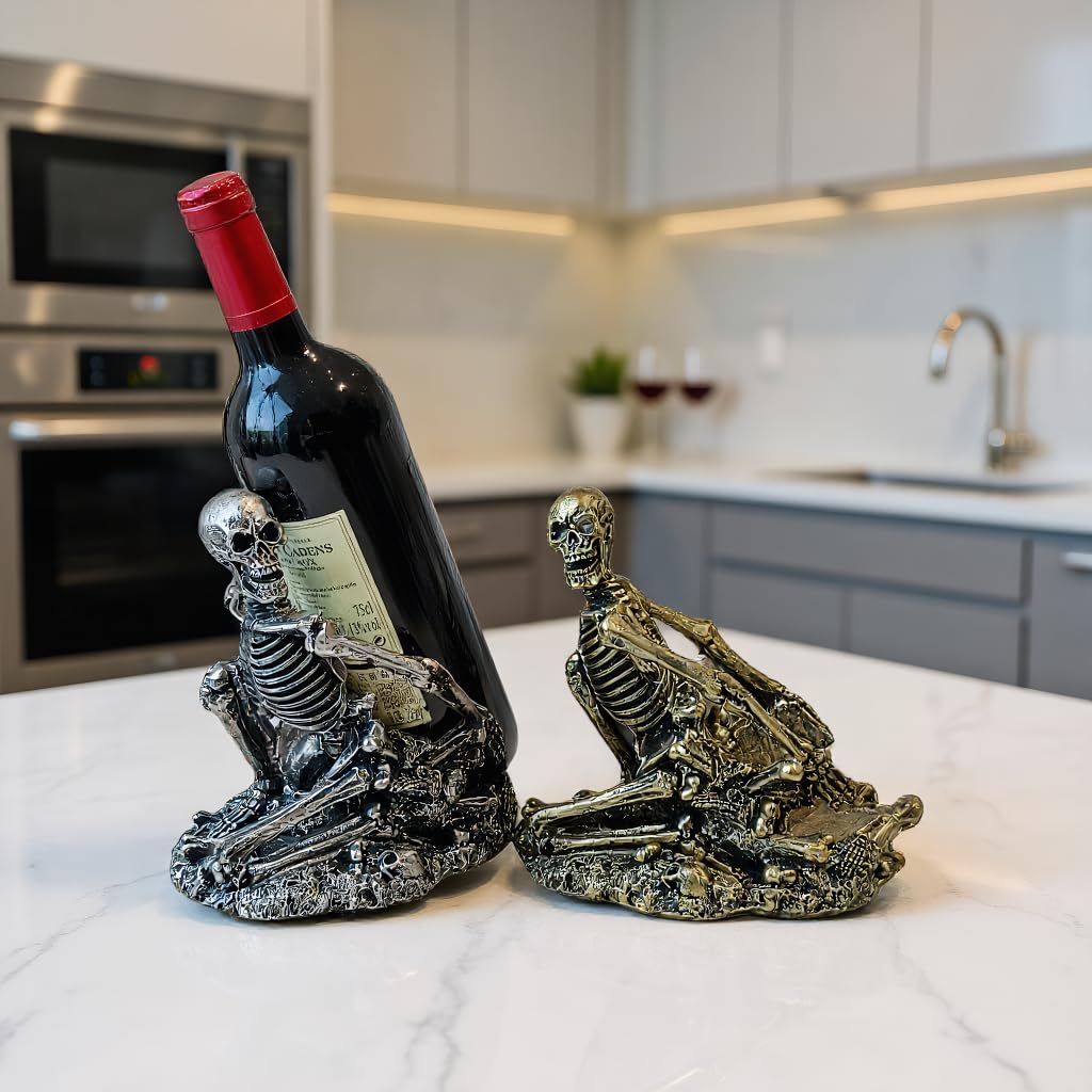 PDNPDN Gothic Skull Decorated Wine Bottle Rack, Halloween countertop Small Wine Rack, Room Emotional Decoration (Bronze)