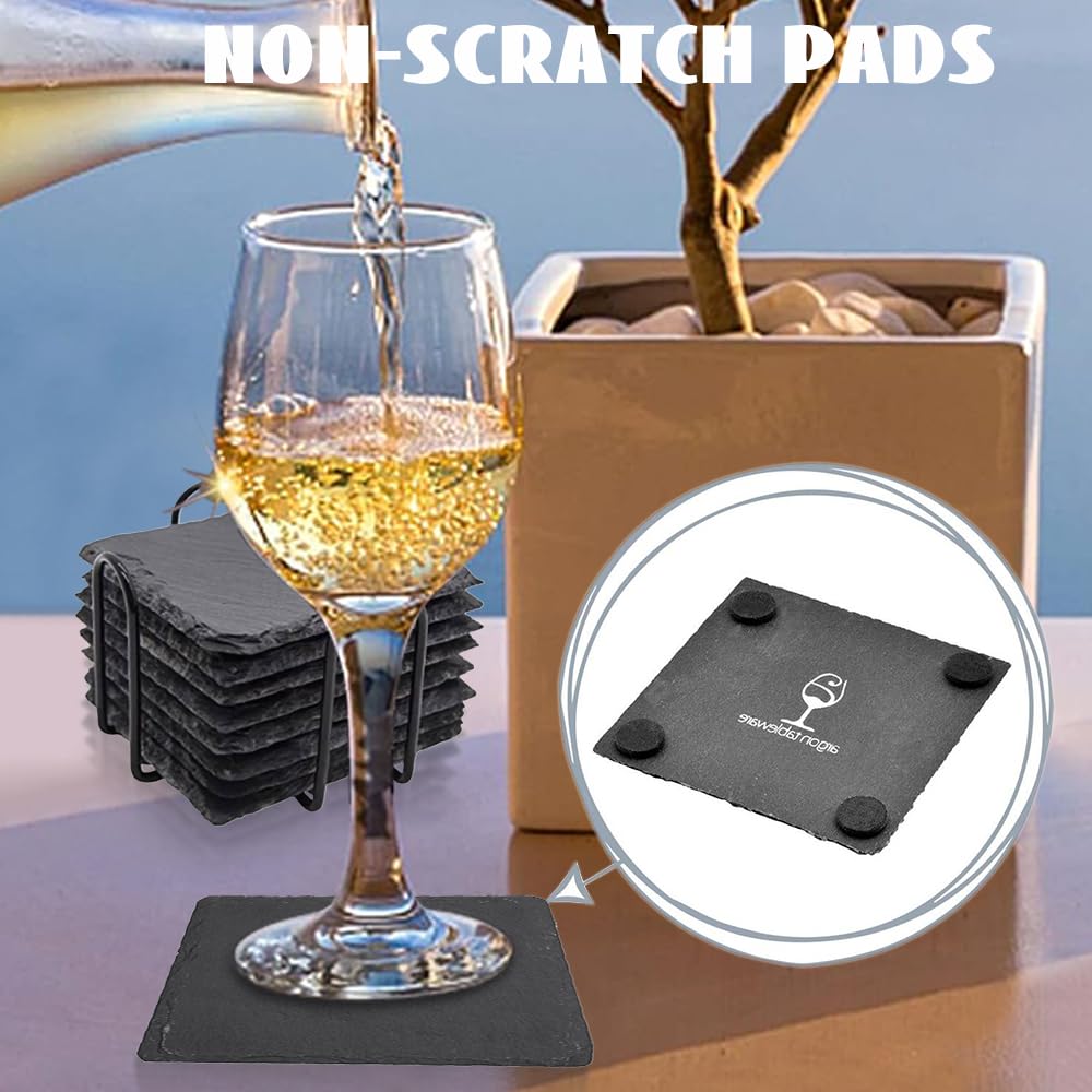 Black Slate Coasters for Drinks, Cup Coaster Set of 8 with Metal Holder, Coffee Cup Beverage Wine Beer Coasters for Home Office Bar Decor (Square)