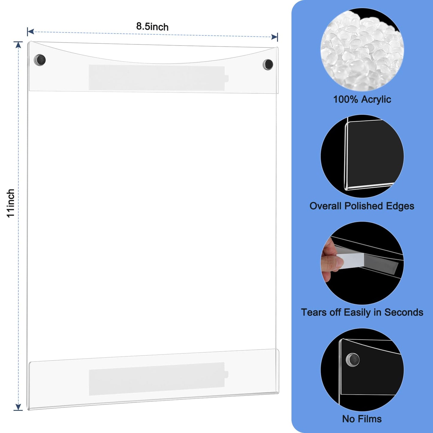 Novacrylion Acrylic Sign Holder 8.5 x 11 Wall Mount, Adhesive & Magnetic Back - Vertical or Horizontal Mount for Office, Classroom, Retail Displays on Glass, Doors, Wood, or Other Smooth Surfaces