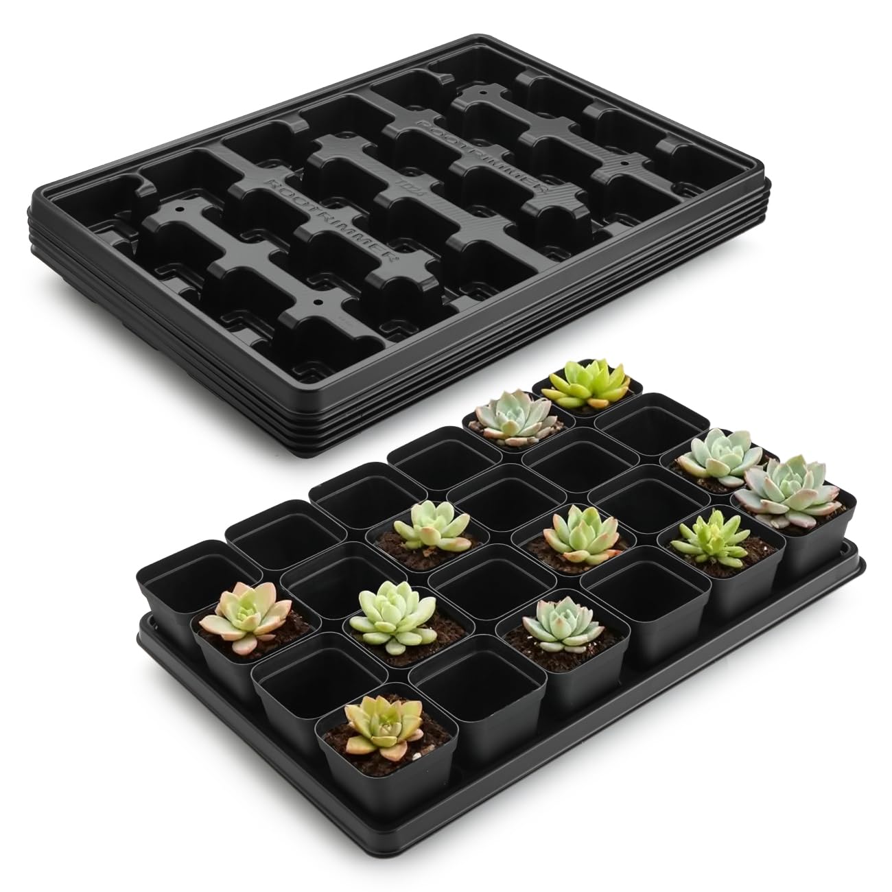 RooTrimmer 5 Pack 24 Cell Nursery Pots Trays with 2.8 inch (7CM) Square Nursery Pots 120pcs (Black), Plastic Seed Starter Tray with Drain Holes for Carrying and Holding Plant Pot(17"x11"x1.6")
