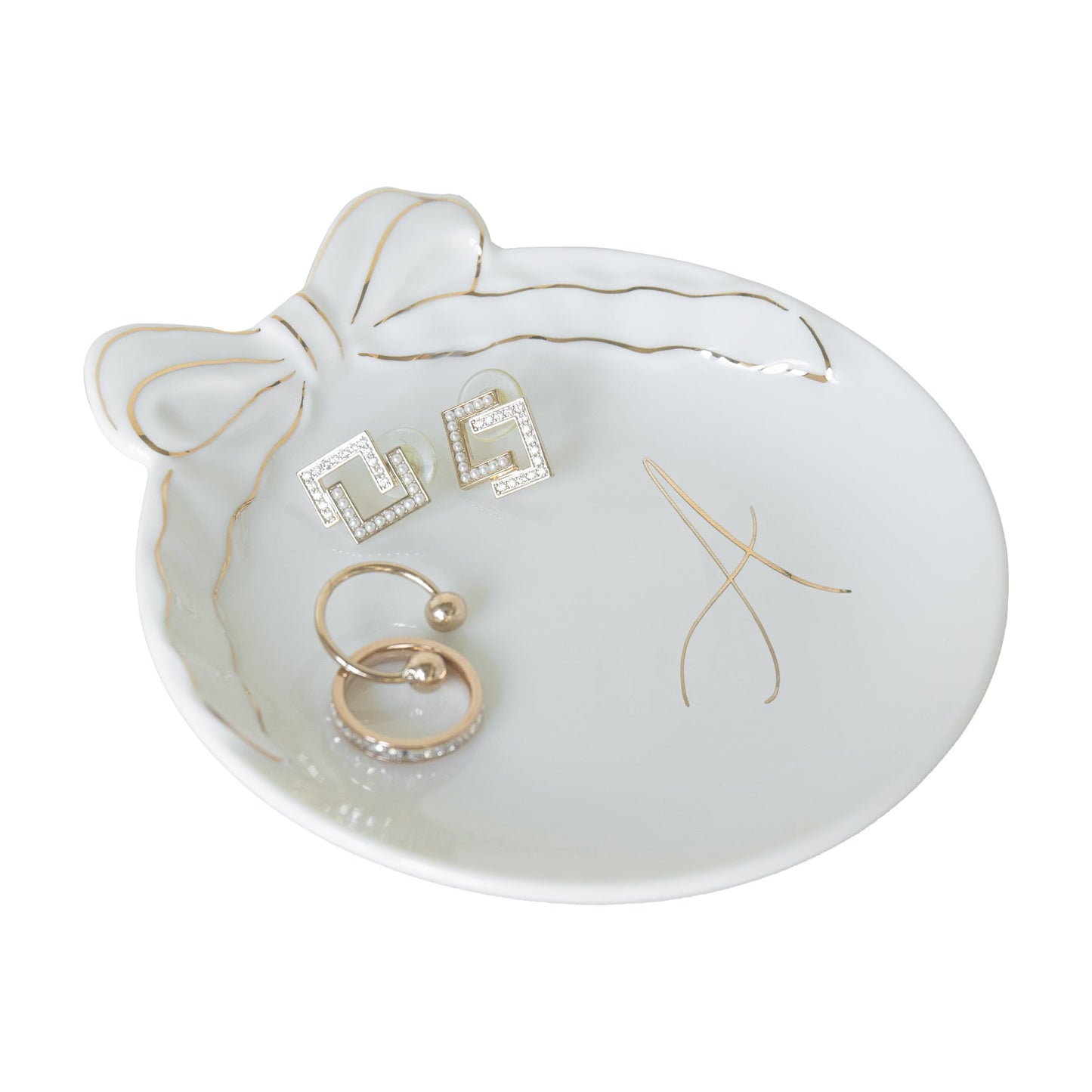 COLLECTIVE HOME Custom Initial Ceramic Jewelry Tray with Bow - Ring Holder & Earring Dish | Christmas Gift Idea for Women, Unique Birthday Present for Her (A)