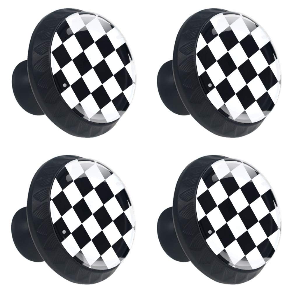 4 Pcs 35mm Cabinet Knobs Black and White Checkered Round Furniture Drawer Handles Dresser Cupboard Pulls with Screws for Home, Kitchen, Bathroom (1-3/8 Inches)