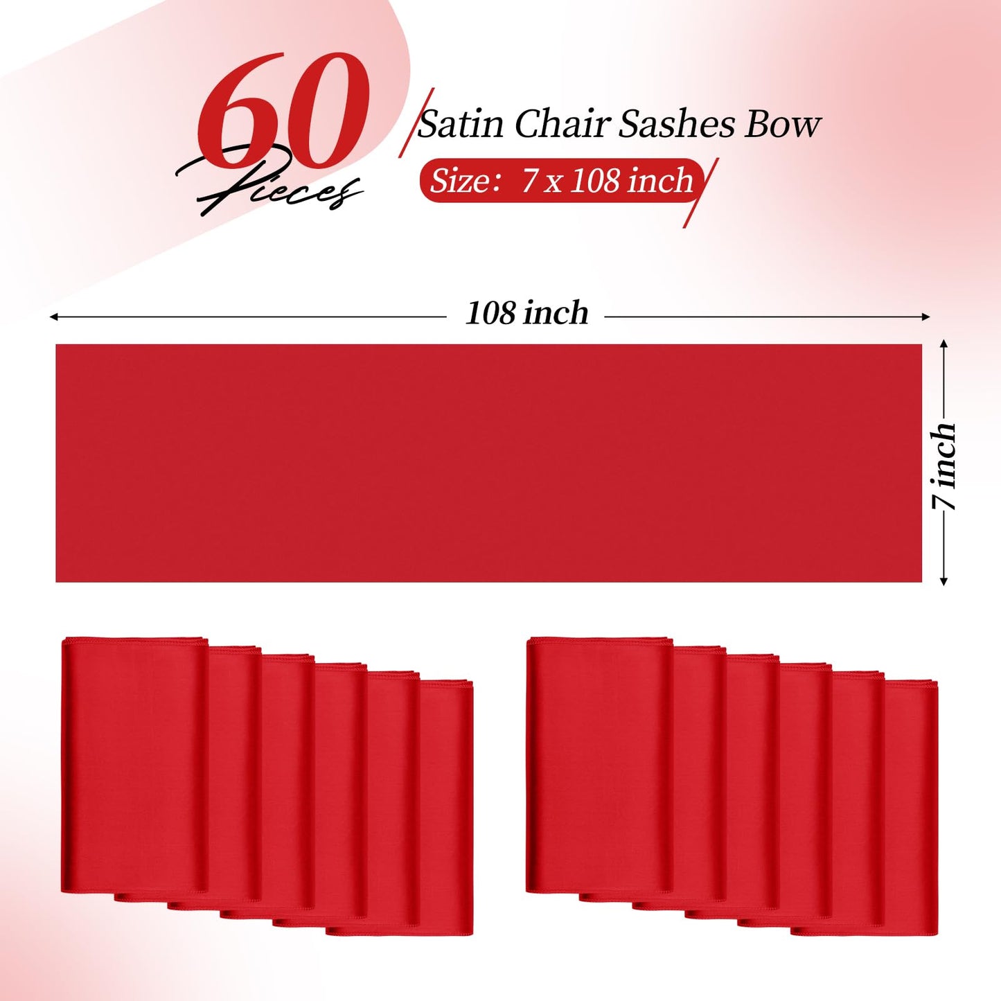 YMHPRIDE 60 PCS Red Satin Chair Sashes,Ties Chair Bows Designed Chair Sashes Chair Cover for Wedding Party Baby Shower Banquet Folding Chairs Decoration(Red,7x108 inch)