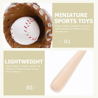Toyvian Miniature Baseball Bat: Baseball Cake Topper, Light Brown Mini Dollhouse Glove and Ball Set Decorations - Wooden & Leather Cake Topper for Kids Mini House Party Favors(2.95X0.39X0.39in)
