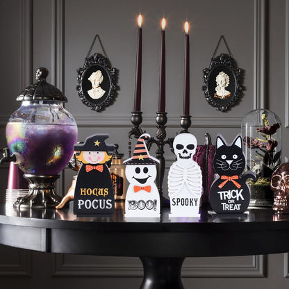 Halloween Decorations Indoor, DECSPAS 4 PCS Wood Blocks Halloween Table Decor, Ghost Black Cat Skull Witch Gothic Tabletop Ornaments, Hocus Pocus Decorations for Home, Tiered Tray, Shelf, Mantel