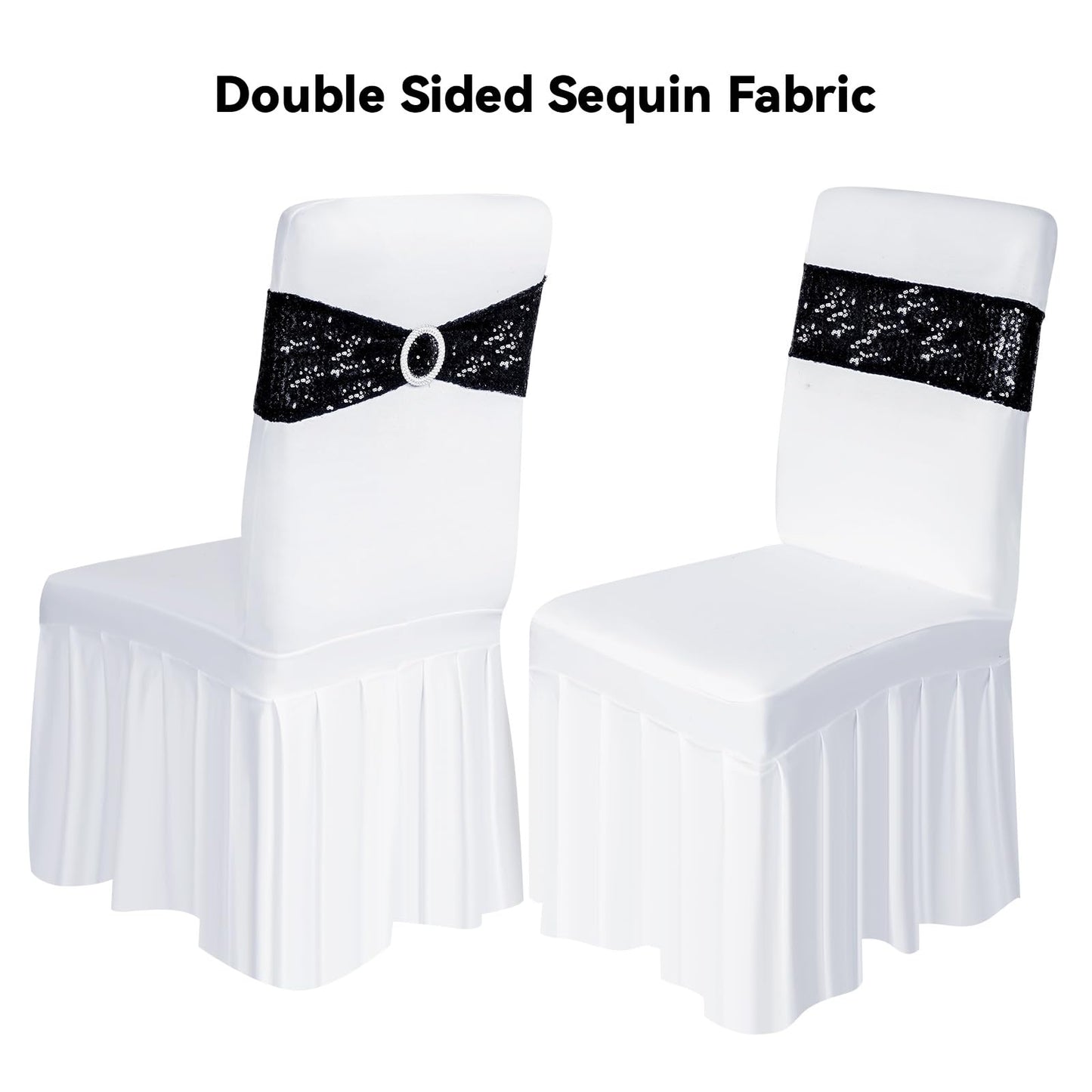 Poise3EHome Pack of 10 Black Sequin Chair Sashes, Double Sided Glitter Stretchy Chair Bands with Buckle for Home Party Bridal Shower Wedding Banquet Reception Decorations