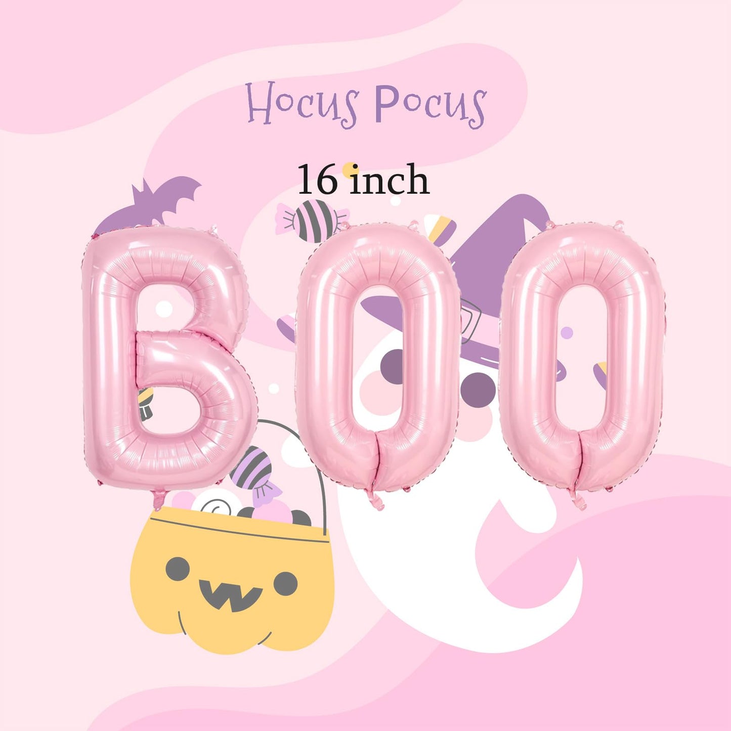 9Pcs Halloween Balloons Decorations Pink BOO Foil Balloons Ghost Bat Balloons for Halloween Birthday Baby Shower Party Supplies