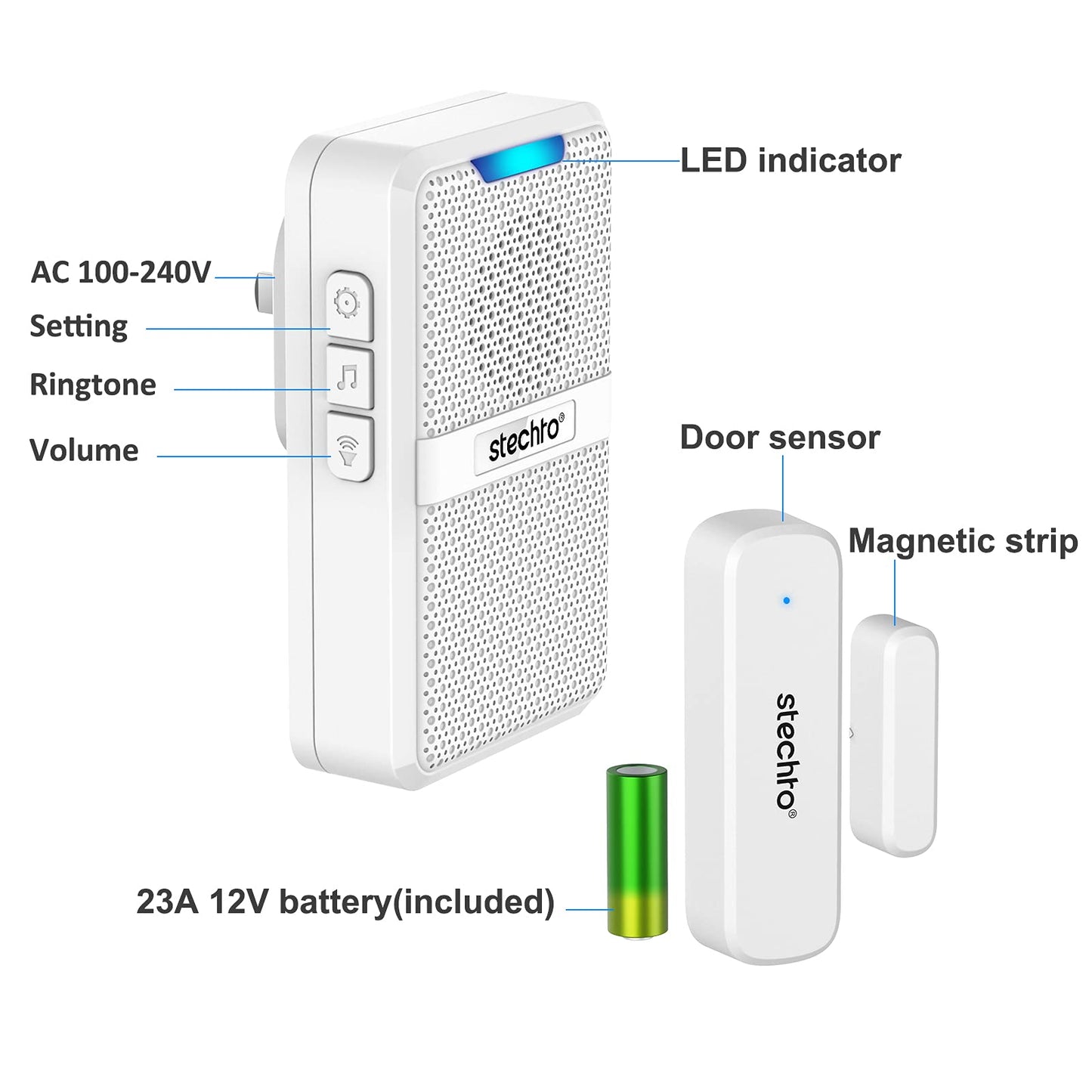 STECHRO Wireless Door Chime, 600Ft Range 5 Adjustable Volume 1 Magnetic Door open Contact Alarm with 62 Chimes Mute Mode Door Bell Plugin Receiver for Home/Office/Store (Black)