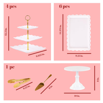 SMARTGUIVAL 13-Piece Cake Display Set, 4 Square 3-Tier Cupcake Stands, Large Cake Stand, 6 Rectangular Trays, Golden Tongs & Server – Dessert Table Display for Weddings, Baby Showers & Parties