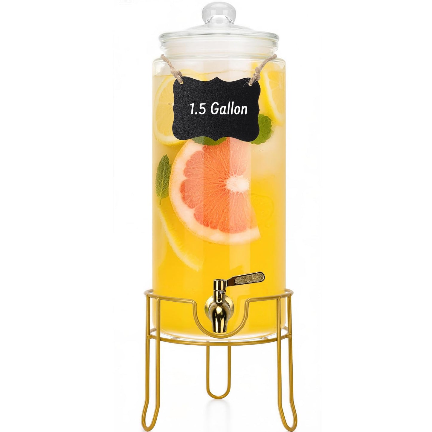 DHSBTLS 1.5 Gallon Glass Drink Dispensers, Round Beverage Dispenser for Party, BBQ and Picnic, Clear Airtight Juice Dispenser with Golden Stand, Stainless Steel Spigot, Markers and Chalkboard