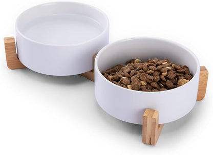 MateeyLife Ceramic Dog and Cat Bowls with Stand, 2-Pack Food and Water Bowl Set - Non-Slip Pet Bowls for Small & Medium Size Dogs，28.7OZ(White)