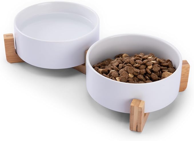 MateeyLife Ceramic Dog and Cat Bowls with Stand, 2-Pack Food and Water Bowl Set - Non-Slip Pet Bowls for Cats,Puppies and Small Dogs, 13.5OZ（White）