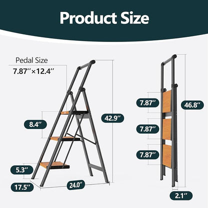 WOA WOA 3 Step Ladder, Ladders for Home, Anti-Slip Pedals, Aluminum Step Stool Foldable, Lightweight to Move, Ease of Storage, Reach 8ft for Closet Kitchen Library, Hold 300lbs - Black&Wood Grain