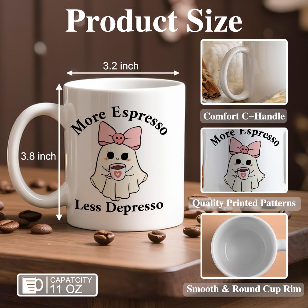 LAGZDFC More Espresso Less Depresso Ceramic Coffee Mug for Women, Funny Halloween Ghost 11oz Coffee Mug Gifts for Coworker Mom, Caffeine Lover Gifts, Anxiety Relief Mugs, Mental Health Humor Present
