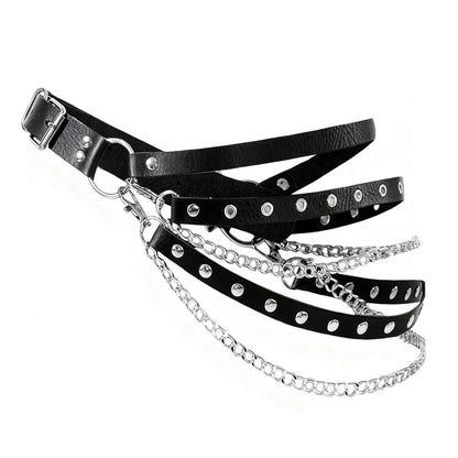Aufordebatis Punk Goth PU Leather Layered Wasit Belt for Women, Adjustable Grunge Emo Rave Gothic Chain Belts Accessories (Black, S for Waist 30-34 in)