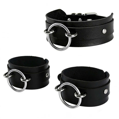 Tosmifairy Black Wide Soft Faux Leather Collar Choker Adjustable Thick PU Necklace and Bracelets Set for Women Men,Circle Ring Charm (Adjusted Neck: 17-21 Inches)